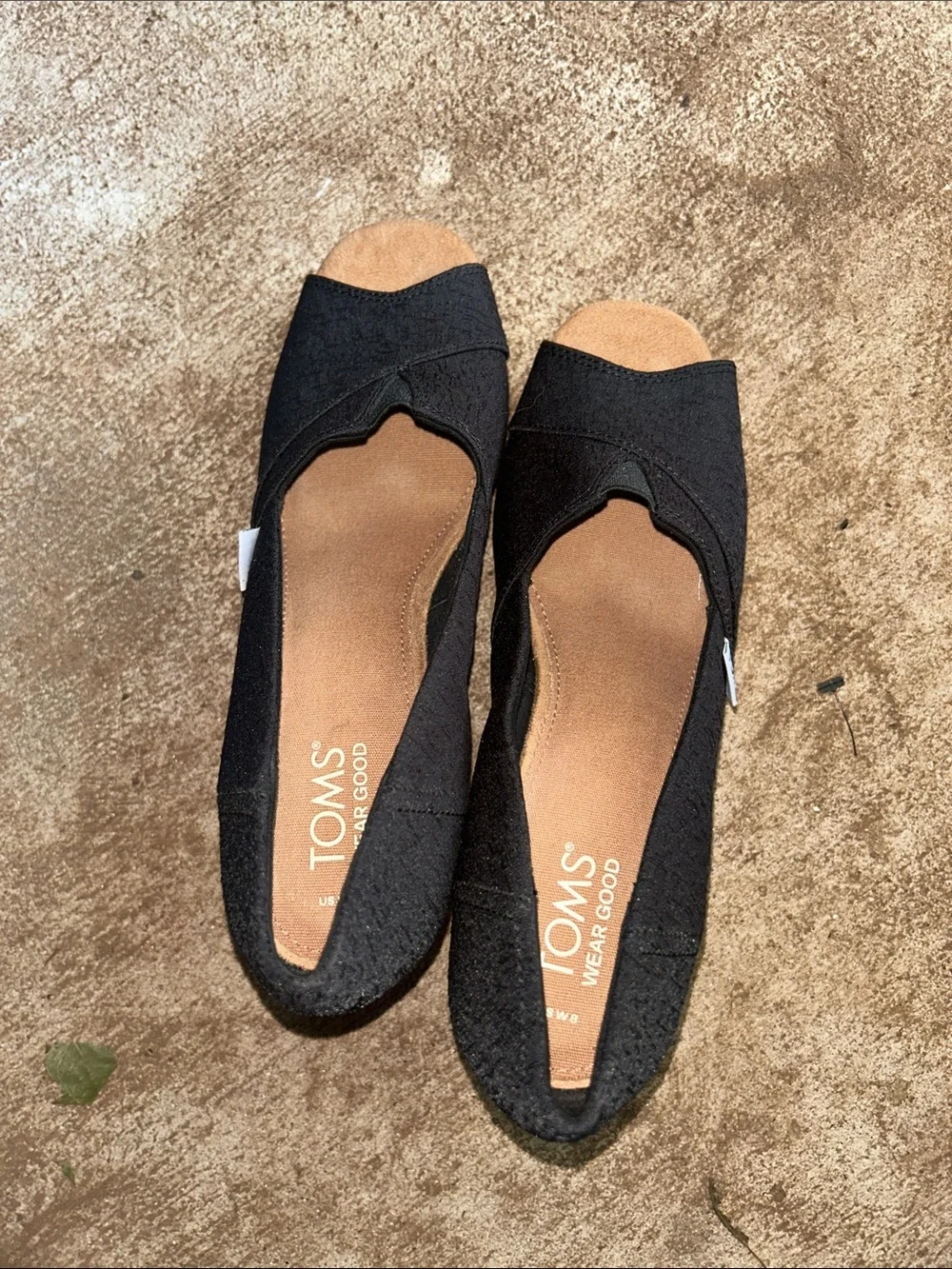 #41. TOMS Black Cork Peep-Toe Wedge Heels